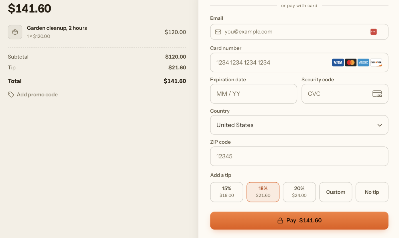 Flint hosted checkout for a $120.00 garden cleanup. Under the card form, an Add a tip row offers 15% ($18.00), 18% ($21.60), 20% ($24.00), Custom, and No tip. 18% is selected, the summary shows a $21.60 Tip line, and the button reads Pay $141.60.